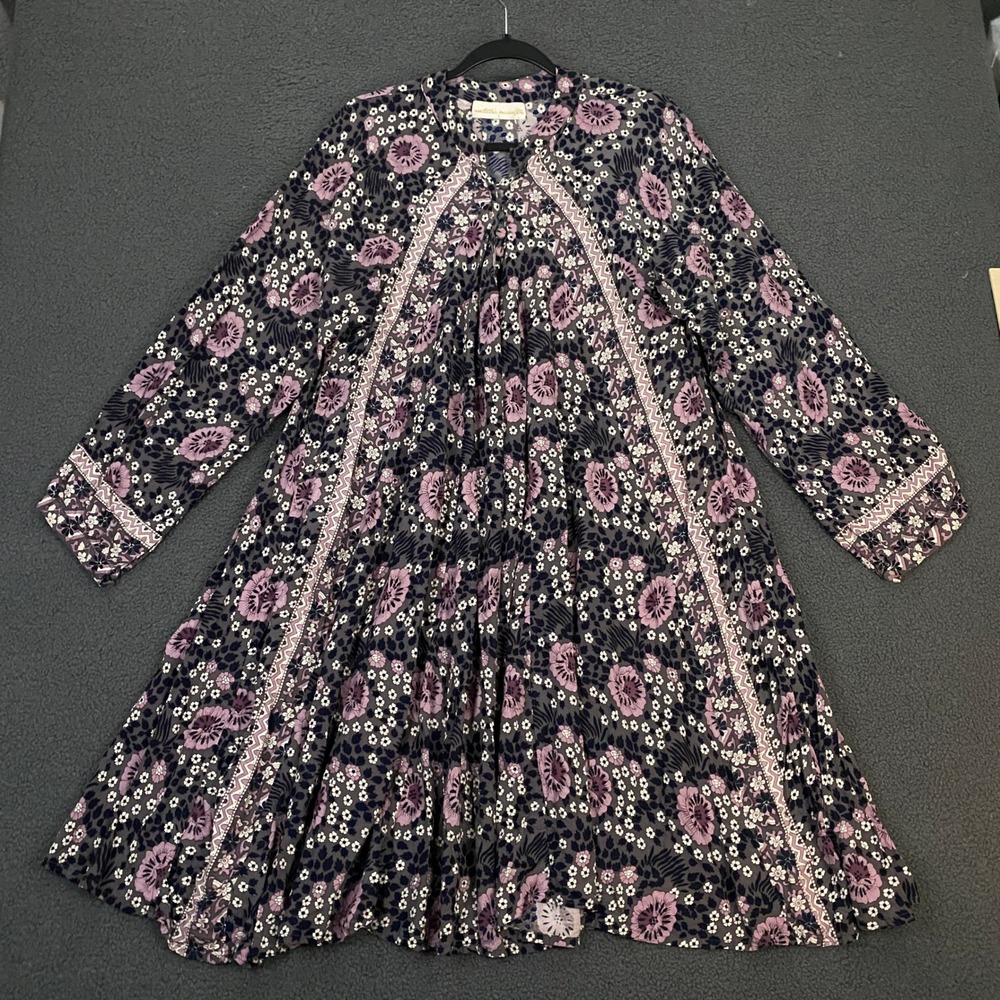 Natalie Martin Dress Womens Large Purple Midi Floral Henley Button Boho Summer